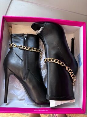 Shoe Dazzle Black Peep-Toe Heeled Boots with Gold Chain